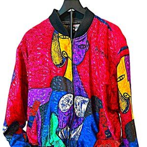 Vintage 80s Multicolor Picasso Bomber Jacket zip front one size shoulder pads